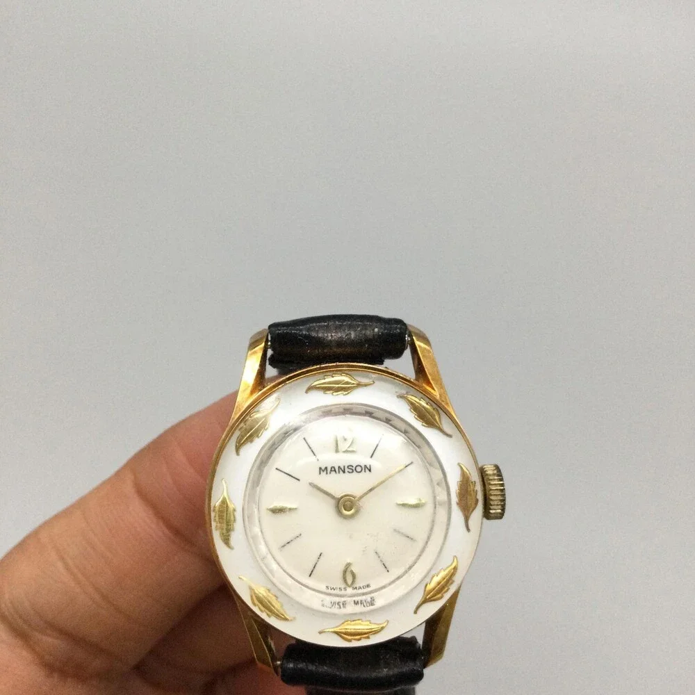 Vintage Manson Womens Watch 25mm White Dial Gold Tone Manual Swiss Leather Band